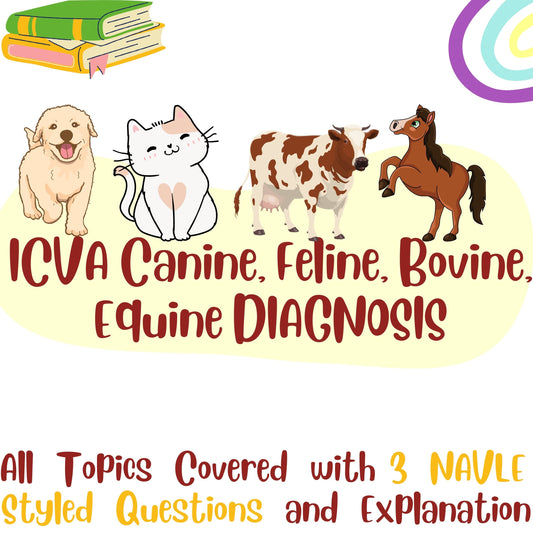 Canine, Feline, Bovine, Equine ICVA Diagnosis for NAVLE with 3 NAVLE styled Questions of each topic - Ultimate Navle Prep Guide - Navle